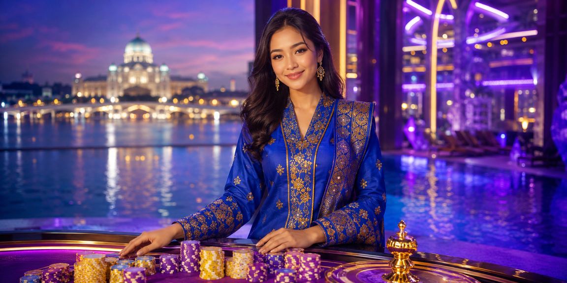 Pengguna wanita berbaju kurung menikmati permainan slot kasino di Putrajaya menggunakan tablet